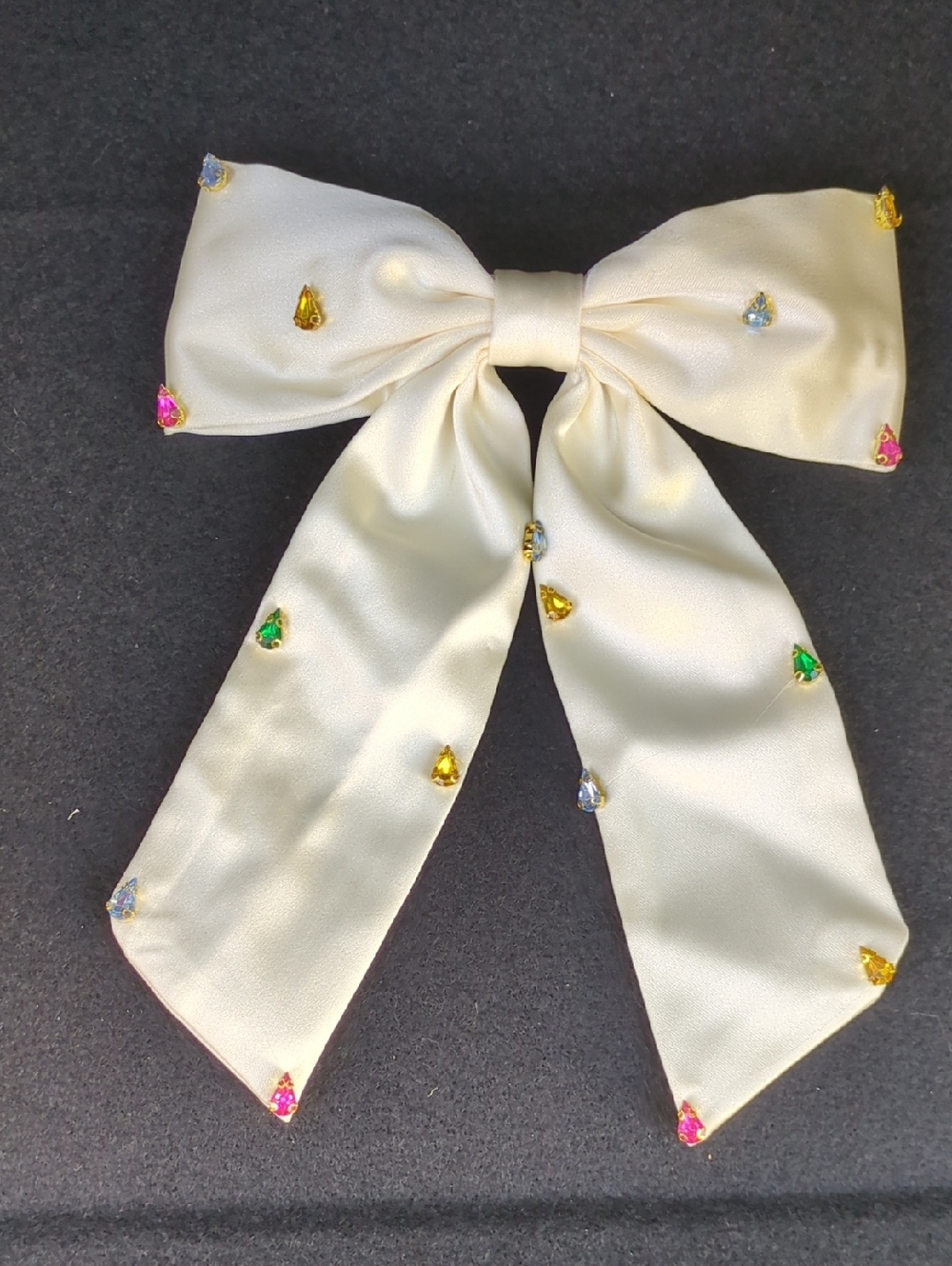 Ivory Satin Bow Hair Clip Rhinestone Coquette Boutique Aesthetic Statement